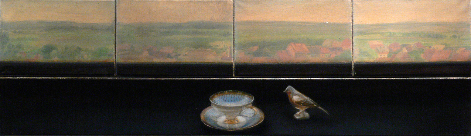 Sylwia Sosnowska – Widok z okna z błękitną filiżanką, olej na płótnie