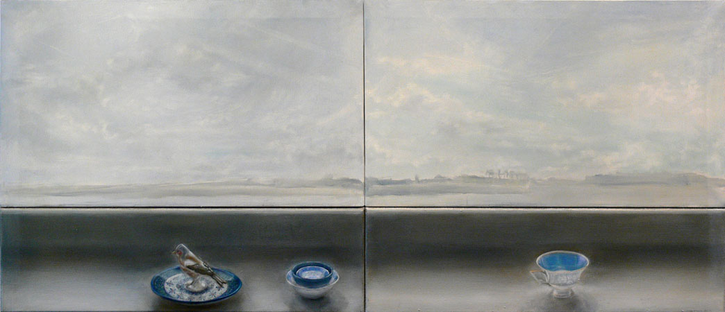 Sylwia Sosnowska – Widok z okna z porcelanową ziębą, olej na płótnie
