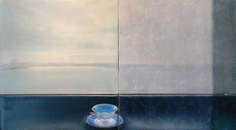 Sylwia Sosnowska – Widok z okna z filiżanką do herbaty, olej na płótnie